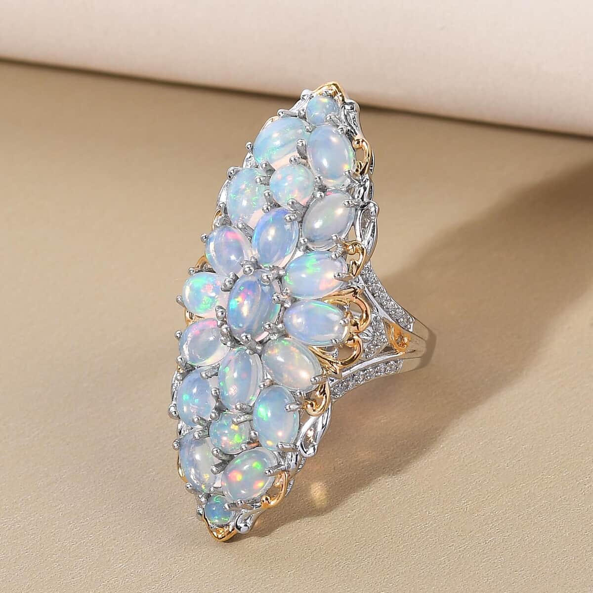 Premium Ethiopian Welo Opal and Natural White Zircon Elongated Ring in Vermeil YG and Platinum Over Sterling Silver (Size 6.0) 8.70 Grams 6.00 ctw image number 1