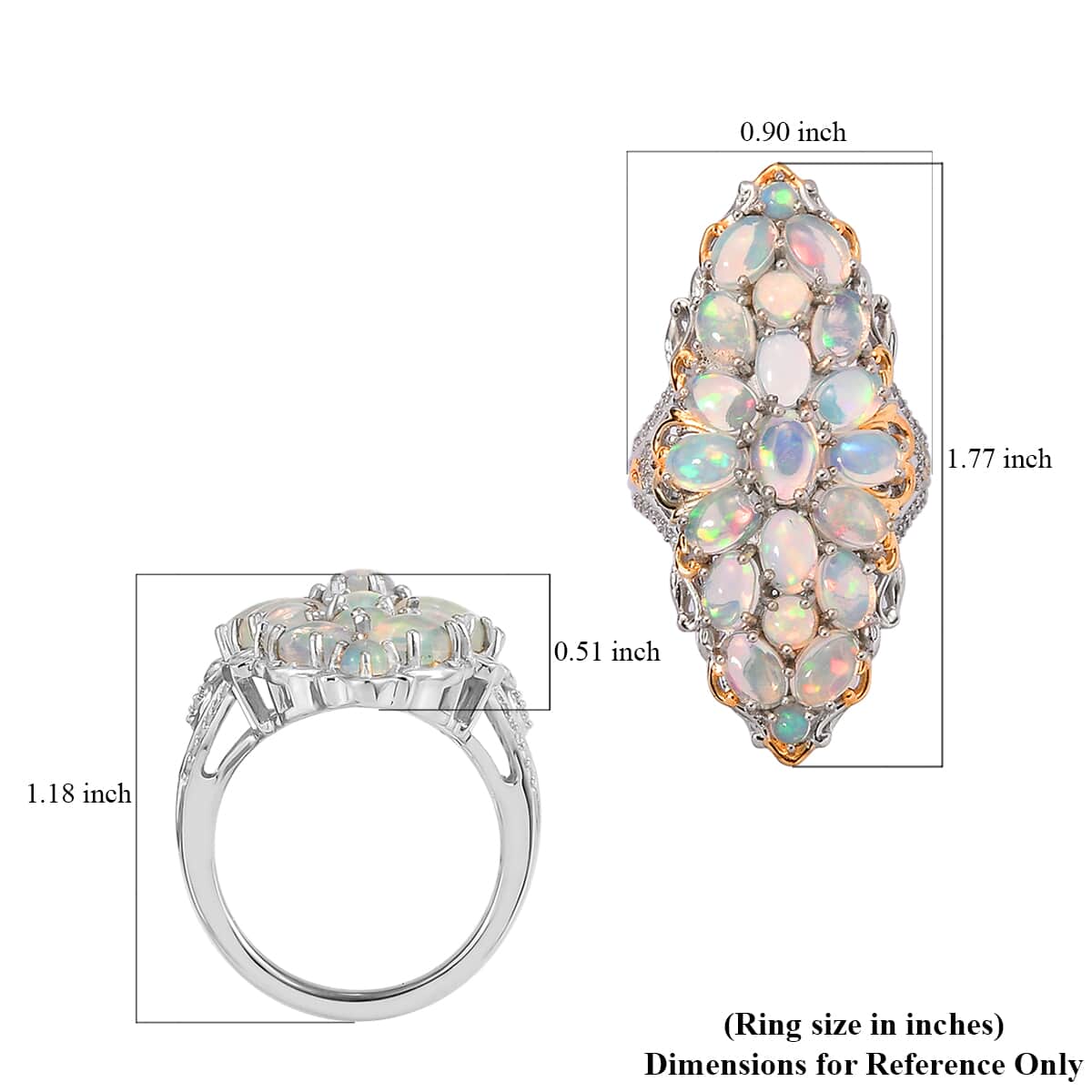 Premium Ethiopian Welo Opal and Natural White Zircon Elongated Ring in Vermeil YG and Platinum Over Sterling Silver (Size 6.0) 8.70 Grams 6.00 ctw image number 5