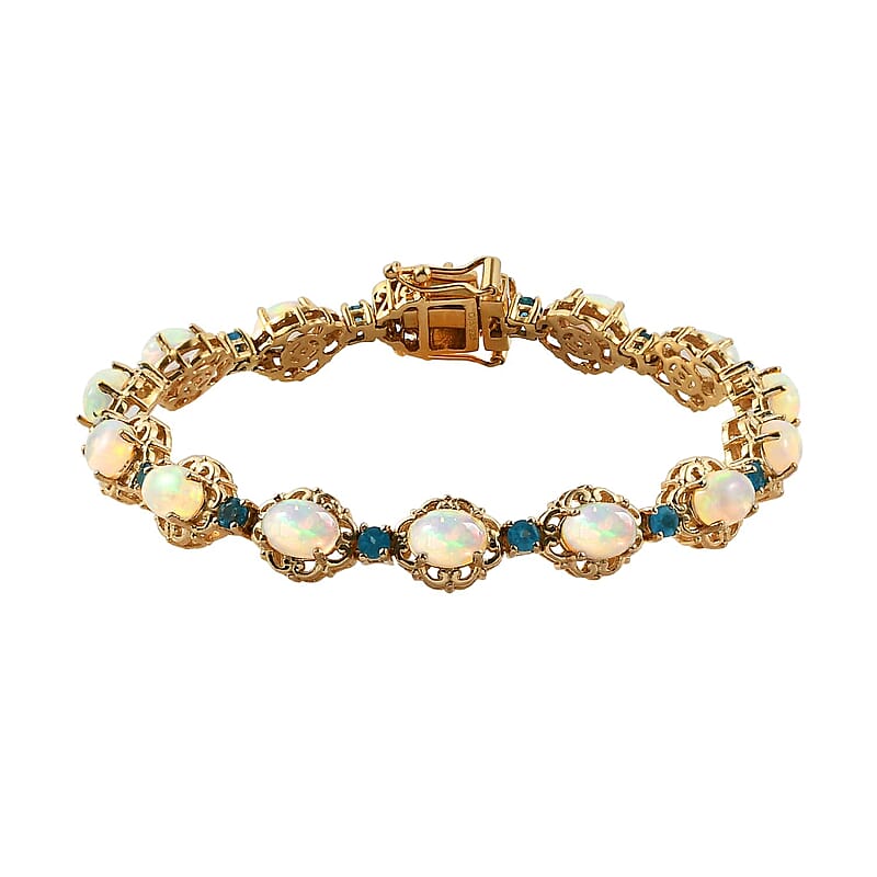 Premium Ethiopian Welo Opal and Malgache Neon Apatite Bracelet in Vermeil Yellow Gold Over Sterling Silver (7.25 In) 8.35 ctw
