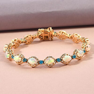 Premium Ethiopian Welo Opal and Malgache Neon Apatite Bracelet in Vermeil Yellow Gold Over Sterling Silver (7.25 In) 8.35 ctw
