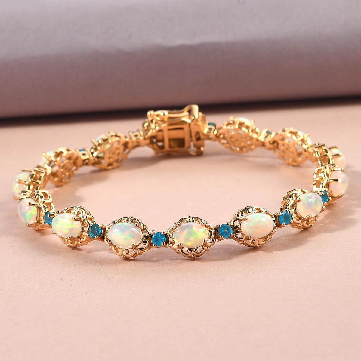 Premium Ethiopian Welo Opal and Malgache Neon Apatite Bracelet in Vermeil Yellow Gold Over Sterling Silver (7.25 In) 14.40 Grams 8.35 ctw image number 1