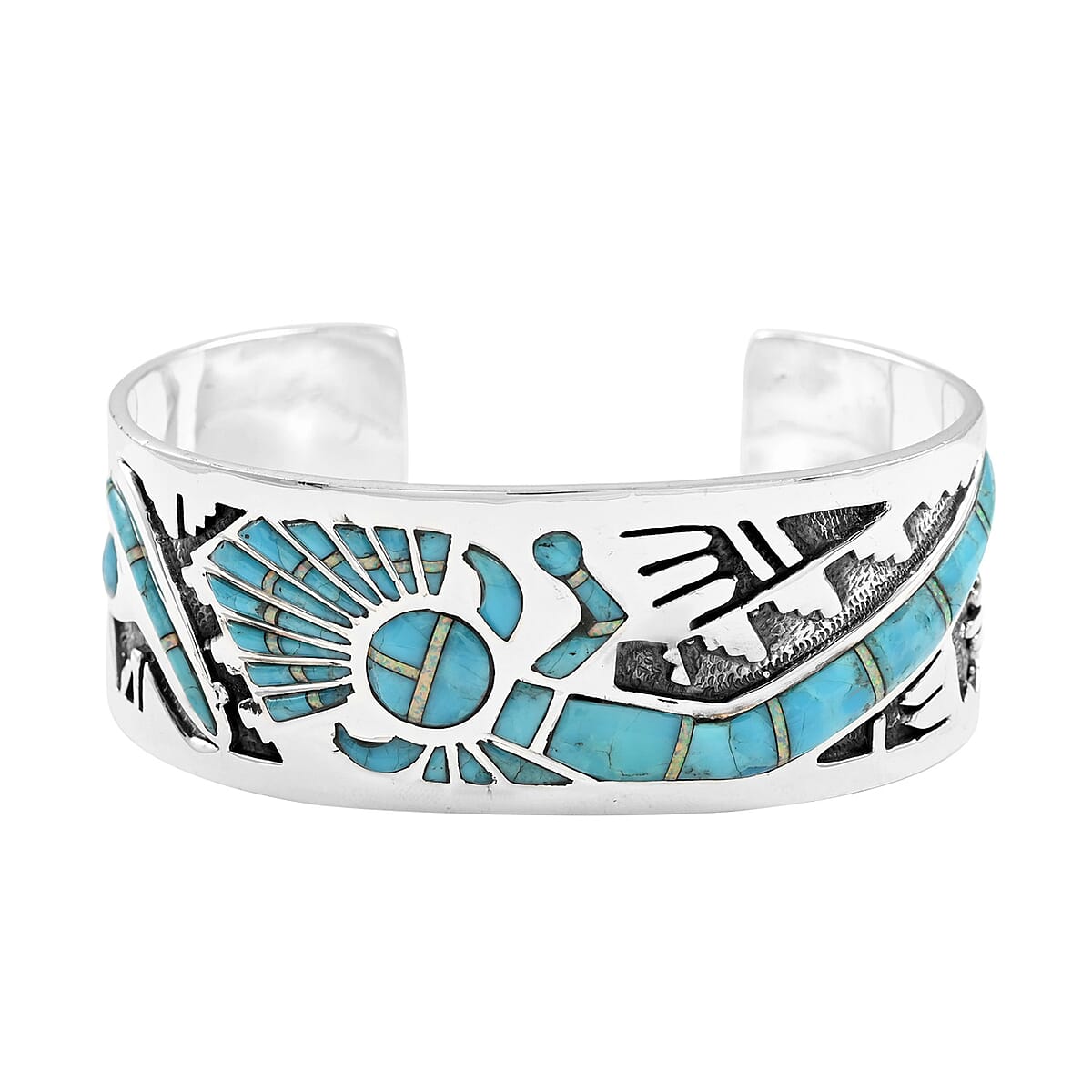 SANTA FE Style Kingman Turquoise and Lab Created Opal Cuff Bracelet in Sterling Silver (7.00 In) 48 Grams 19.00 ctw image number 0