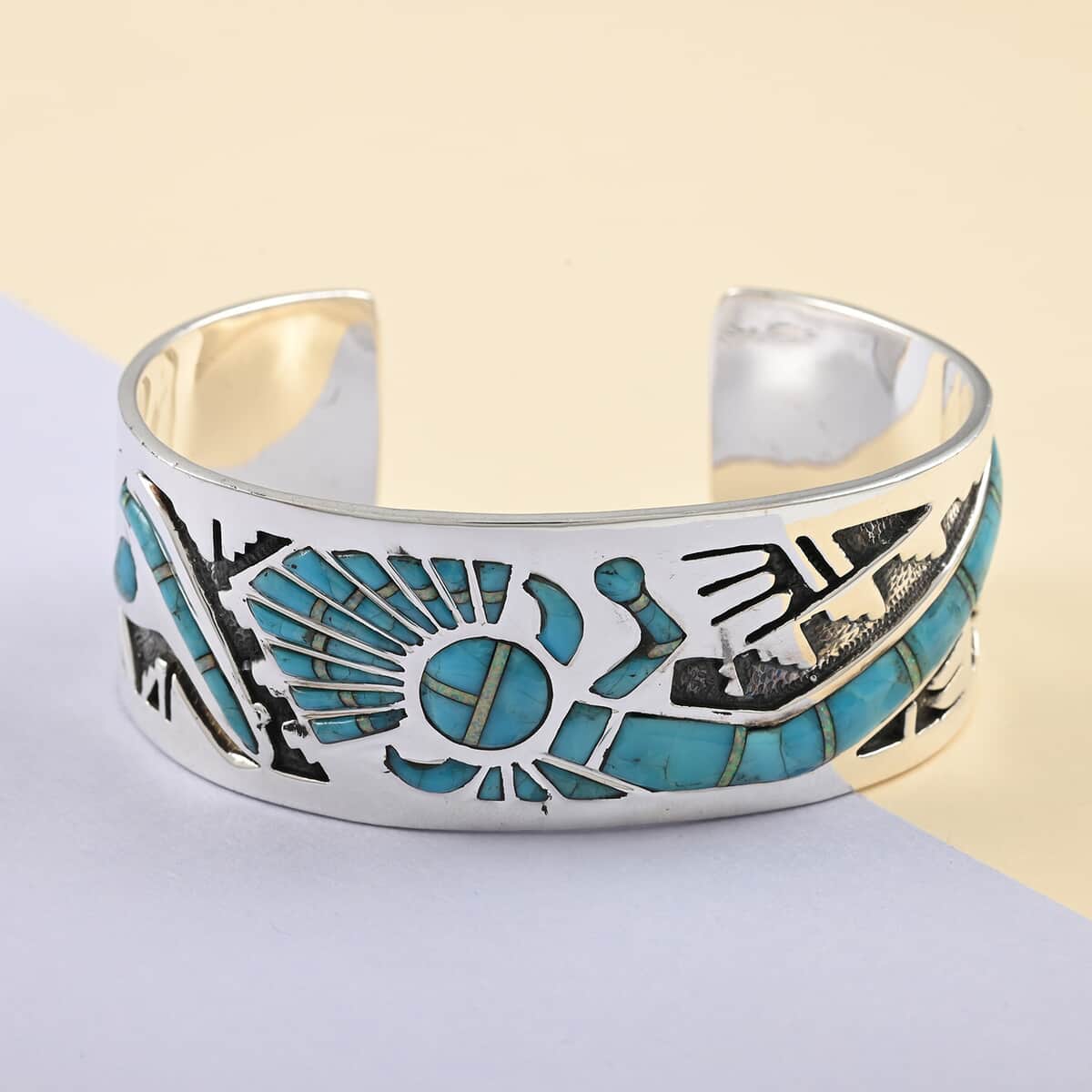 SANTA FE Style Kingman Turquoise and Lab Created Opal Cuff Bracelet in Sterling Silver (7.00 In) 48 Grams 19.00 ctw image number 1