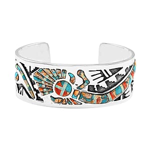 Santa Fe Style Spiny Turquoise and Lab Created Opal Cuff Bracelet in Sterling Silver (7.00 In) 48 Grams 9.50 ctw