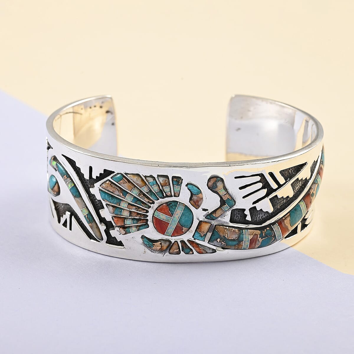 Santa Fe Style Spiny Turquoise and Lab Created Opal Cuff Bracelet in Sterling Silver (7.00 In) 48 Grams 9.50 ctw image number 1