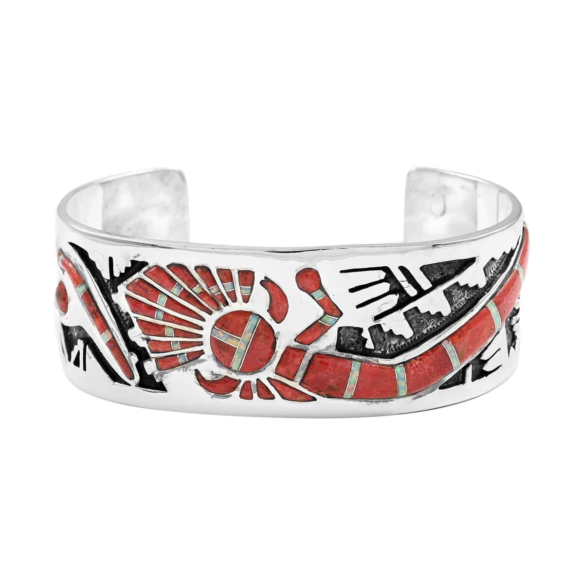 Santa Fe Style Coral and Lab Created Opal Cuff Bracelet in Sterling Silver (7.00 In) image number 0