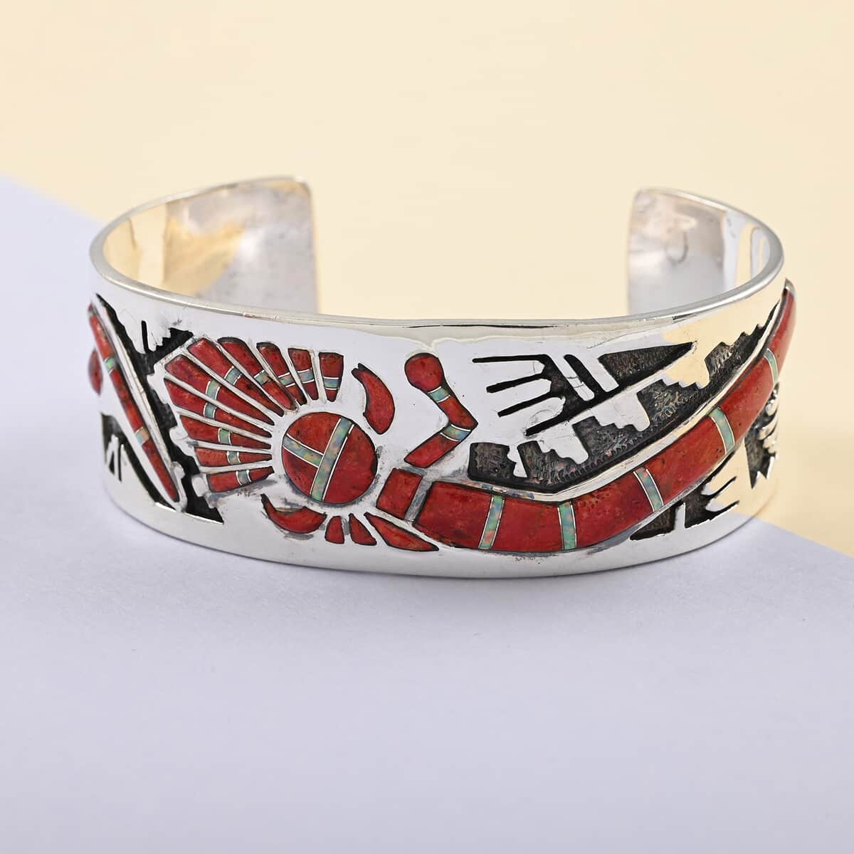 Santa Fe Style Coral and Lab Created Opal Cuff Bracelet in Sterling Silver (7.00 In) image number 1