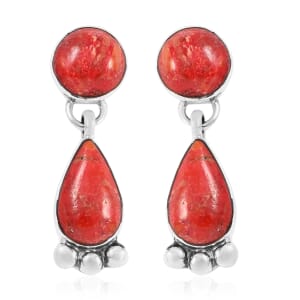 Santa Fe Style Enhanced Red Coral 5.75 ctw Dangle Earrings in Sterling Silver