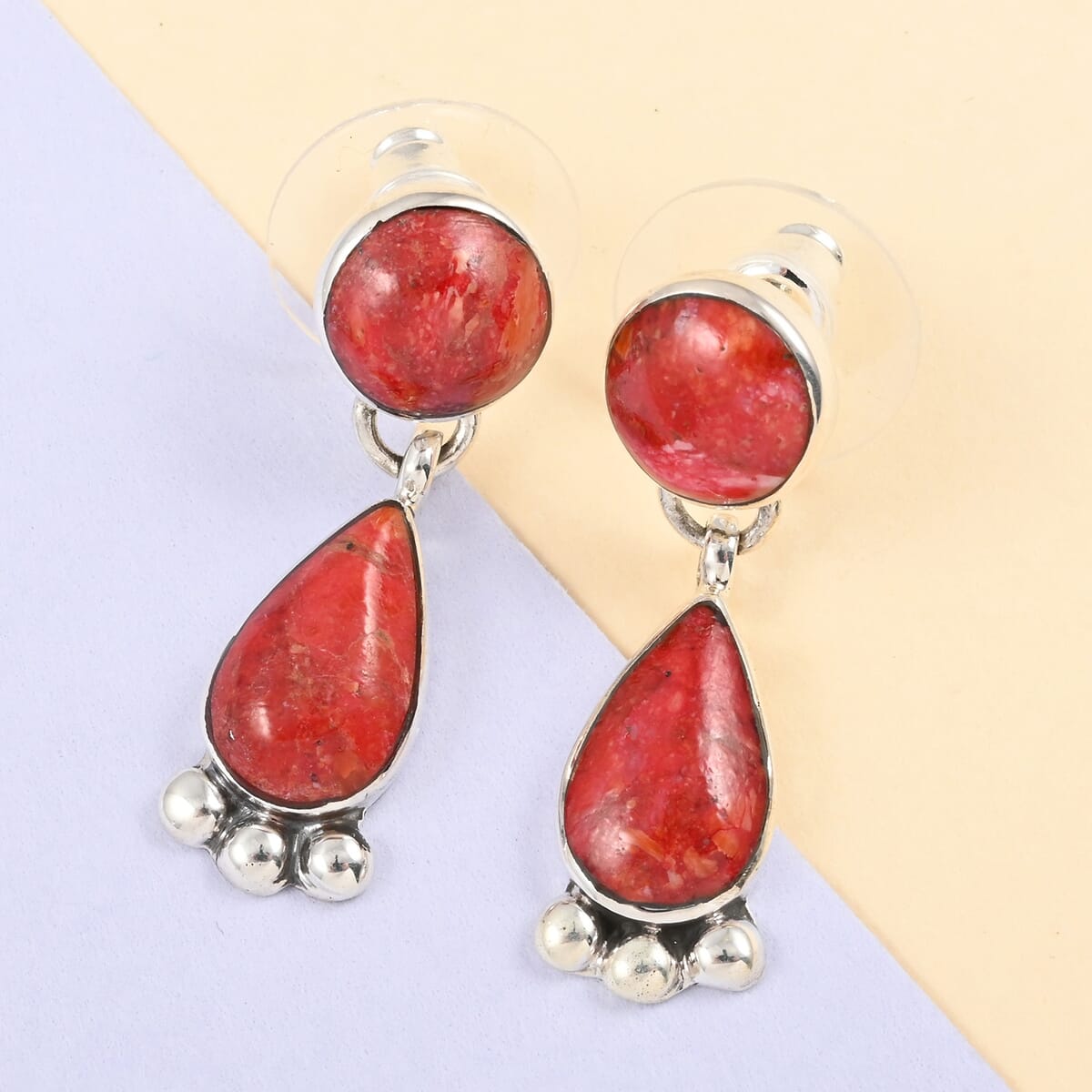 Santa Fe Style Enhanced Red Coral 5.75 ctw Dangle Earrings in Sterling Silver image number 1