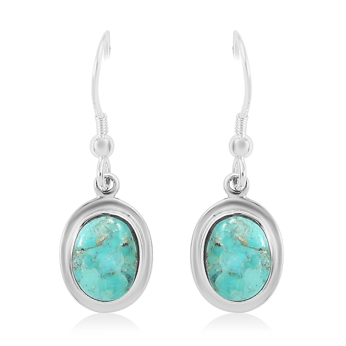 SANTA FE Style Kingman Turquoise Oval Dangle Earrings in Sterling Silver 2.40 ctw image number 0