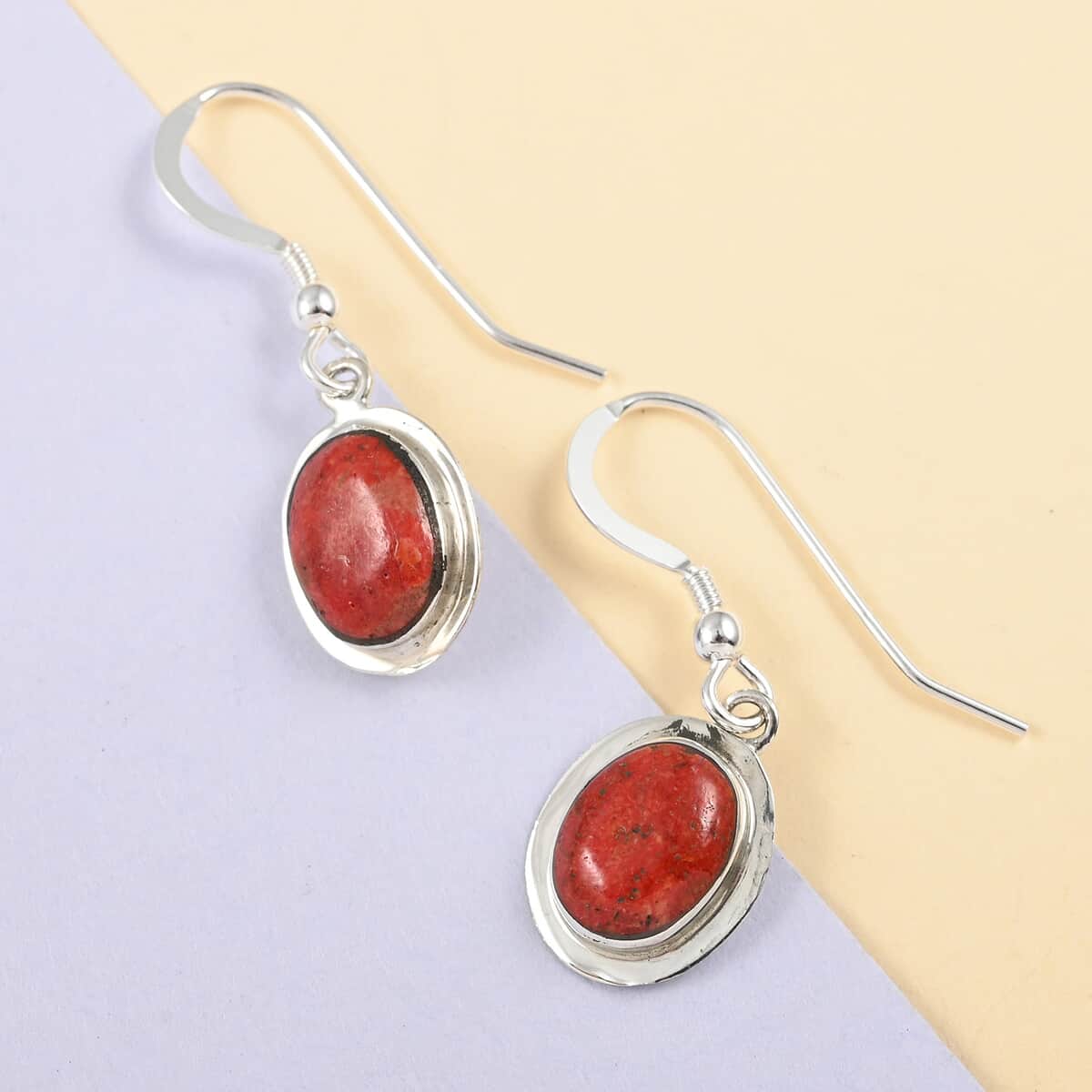 SANTA FE Style Coral Oval Dangle Earrings in Sterling Silver image number 1