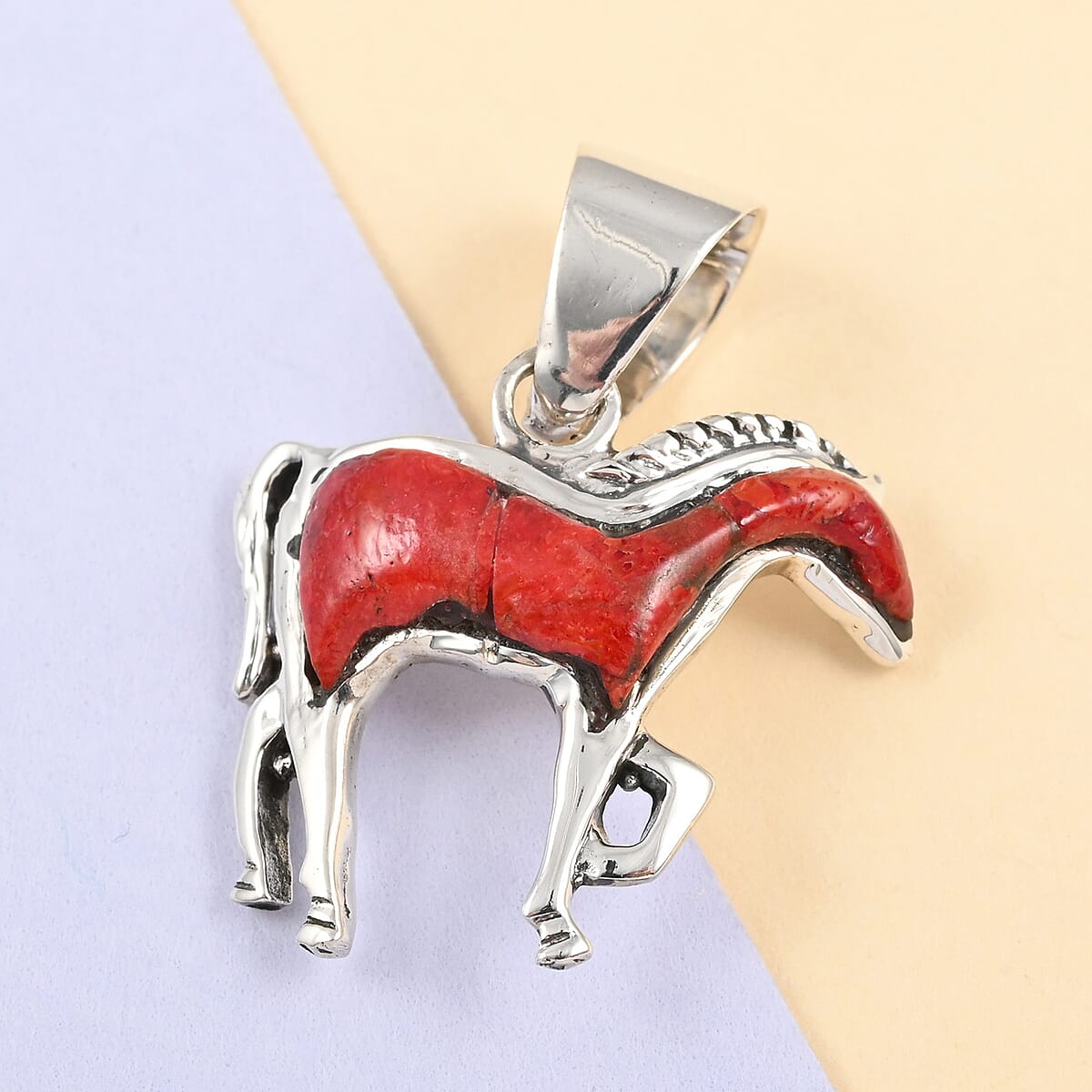 Santa Fe Style Coral Horse Pendant in Sterling Silver image number 1
