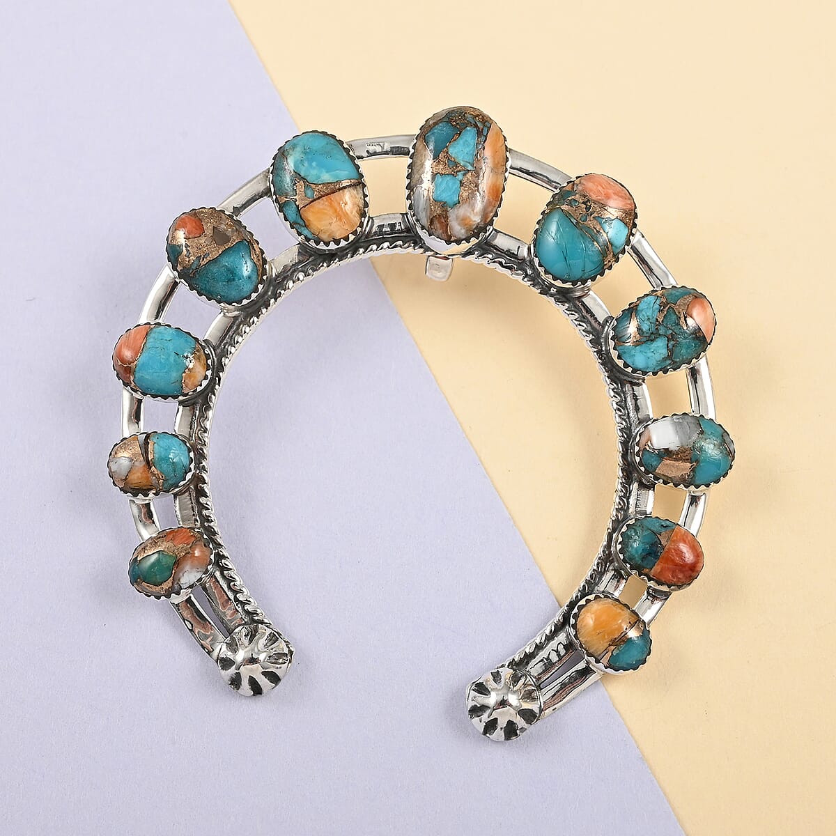Santa Fe Style Spiny Turquoise Horse Shoe Pendant in Sterling Silver 10.80 Grams 4.25 ctw image number 1