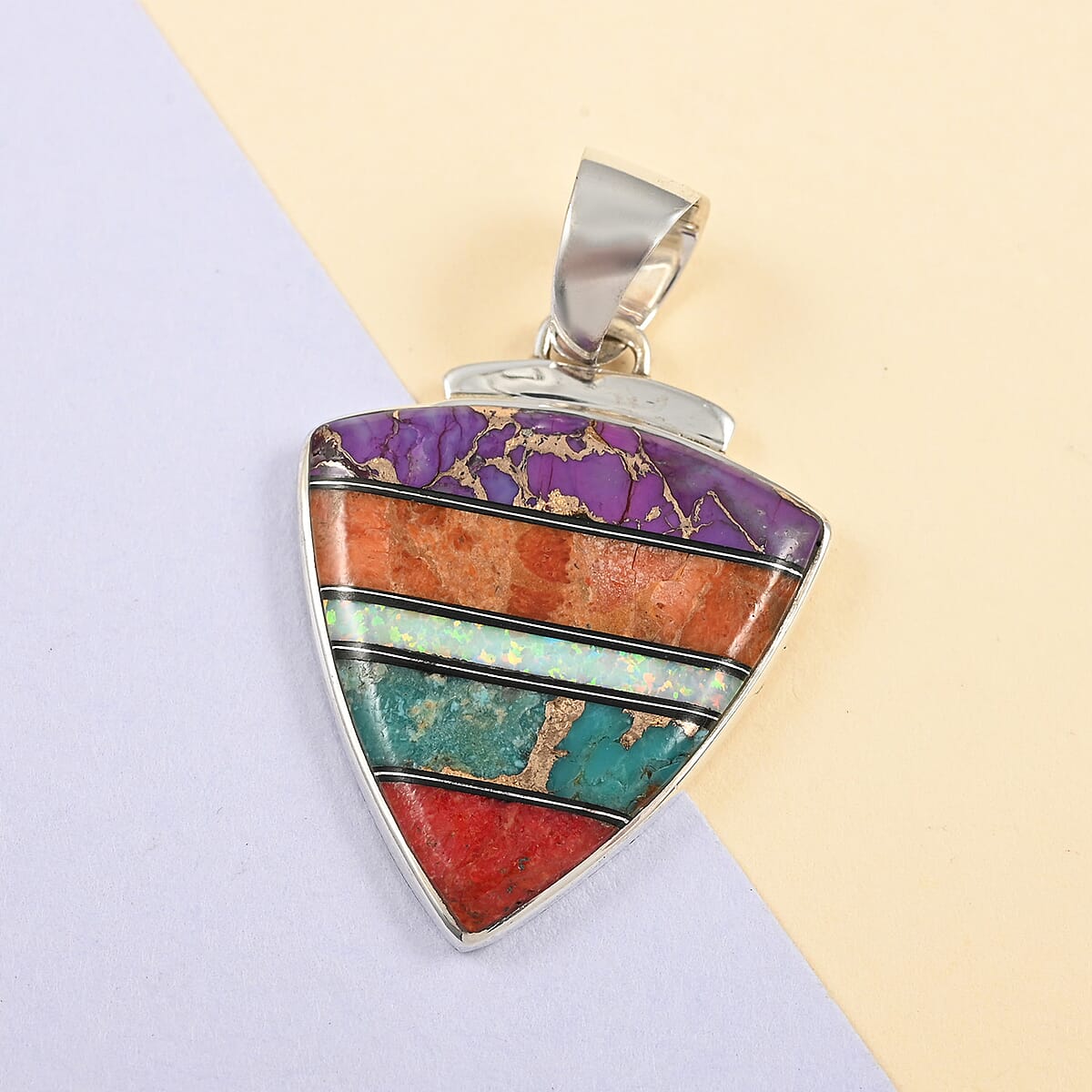 Santa Fe Style Multi Gemstone Arrowhead Style Pendant in Sterling Silver 4.50 ctw image number 1