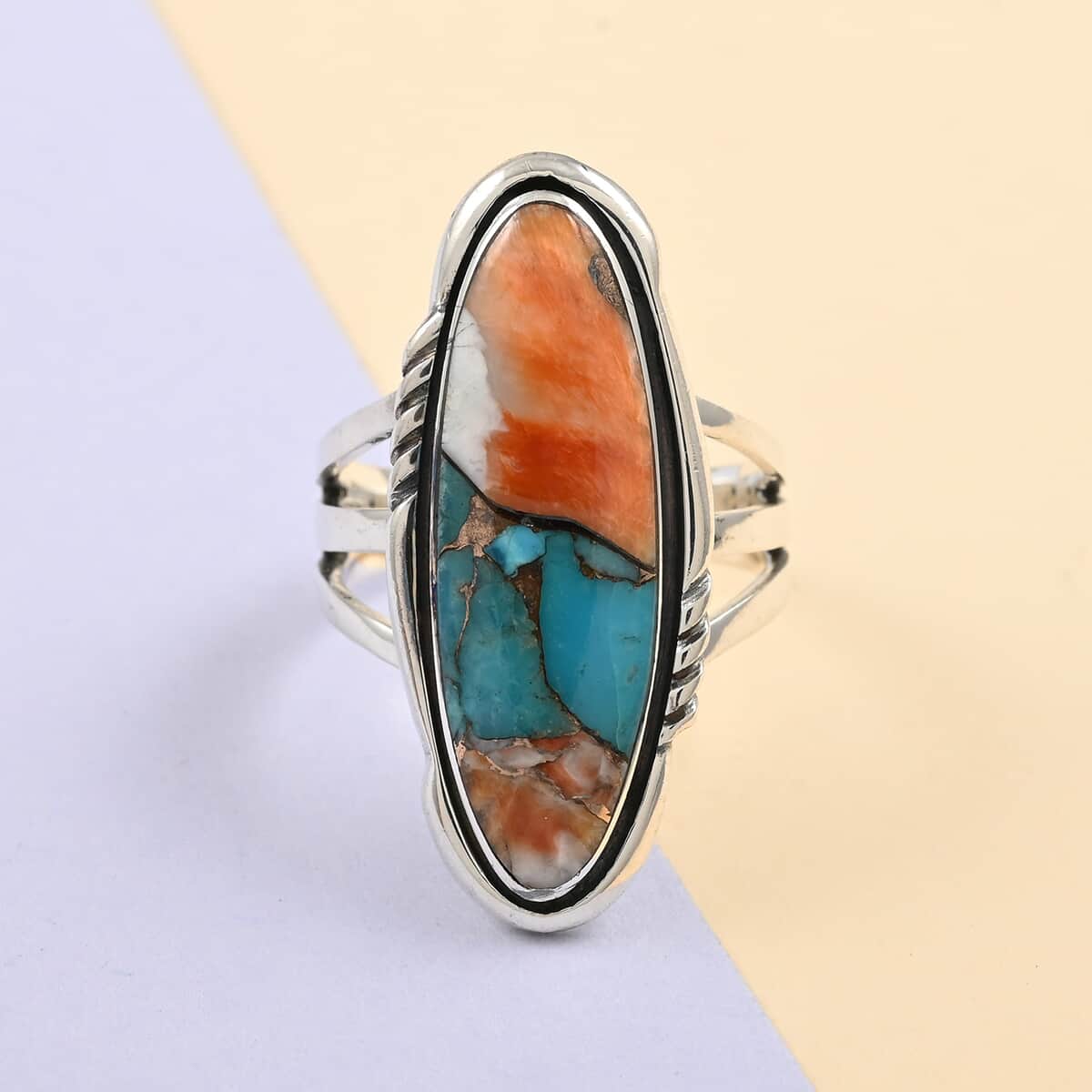 SANTA FE Style Spiny Turquoise Elongated Split Shank Ring in Sterling Silver (Size 8.0) 2.75 ctw image number 1