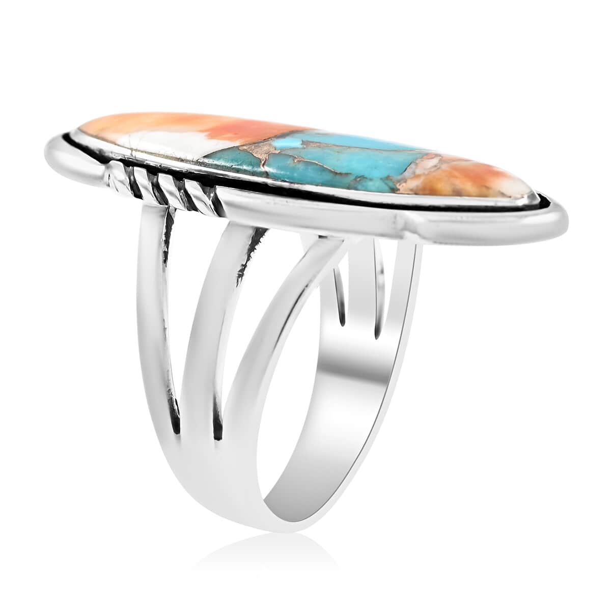 SANTA FE Style Spiny Turquoise Elongated Split Shank Ring in Sterling Silver (Size 8.0) 2.75 ctw image number 3