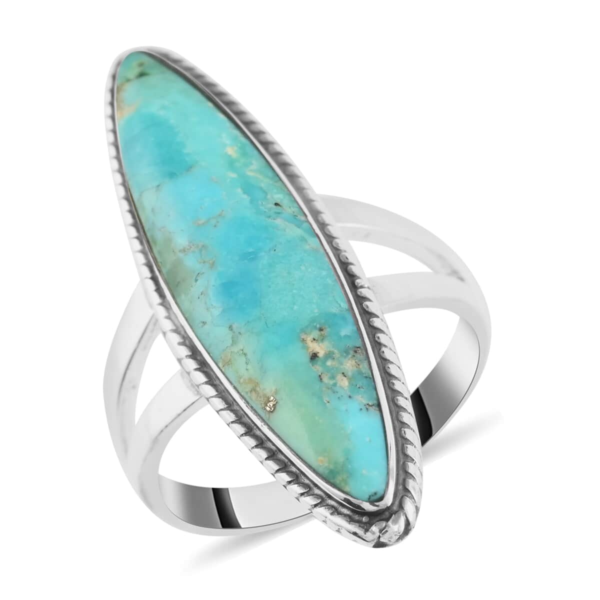 Santa Fe Style Kingman Turquoise Elongated Split Band Ring in Sterling Silver (Size 6.0) 2.90 ctw image number 0