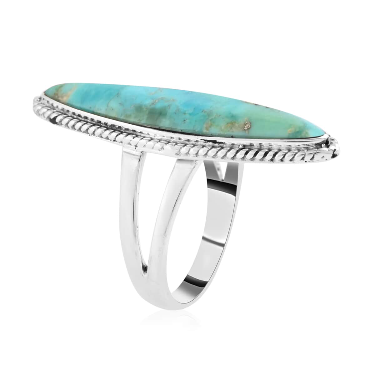 SANTA FE Style Kingman Turquoise Elongated Split Band Ring in Sterling Silver 2.90 ctw image number 2