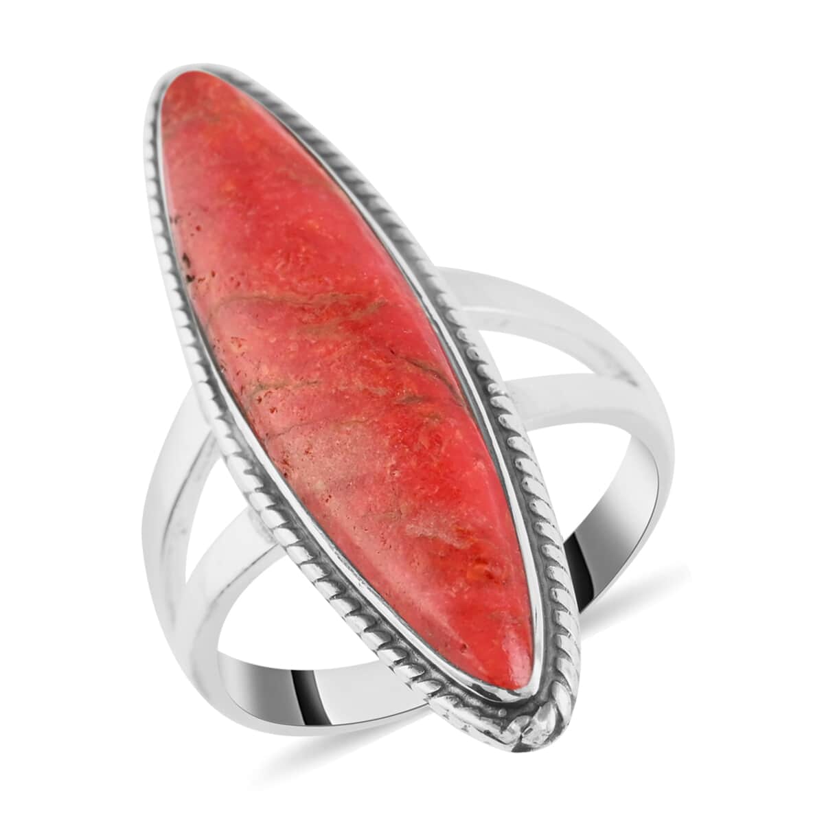 SANTA FE Style Coral Elongated Split Shank Ring in Sterling Silver (Size 6.0) image number 0