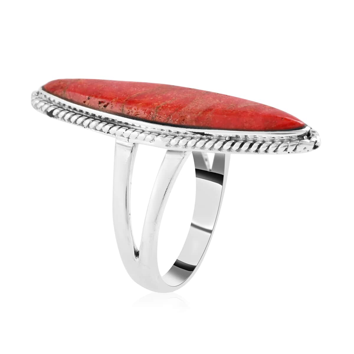 SANTA FE Style Coral Elongated Split Shank Ring in Sterling Silver (Size 6.0) image number 2