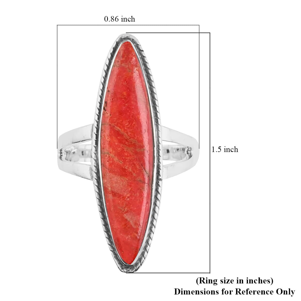 SANTA FE Style Coral Elongated Split Shank Ring in Sterling Silver (Size 6.0) image number 3