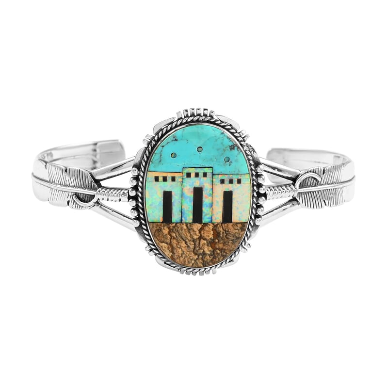 Santa Fe Style Kingman Turquoise and Multi Gemstone Pueblo Homes Open Cuff Bracelet in Sterling Silver (7.00 In) 18.00 ctw