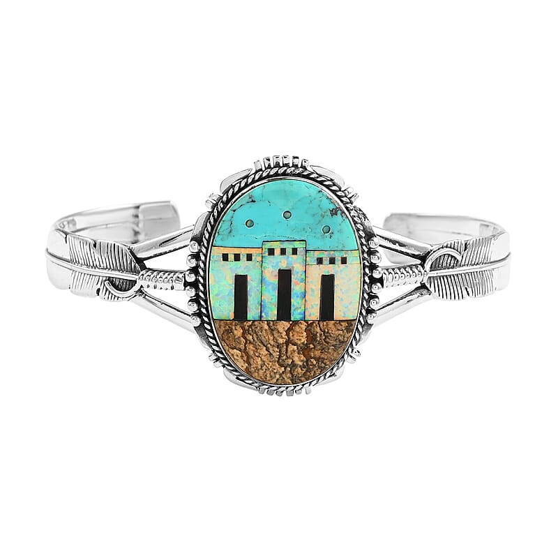 Santa Fe Style Kingman Turquoise and Multi Gemstone Pueblo Homes Open Cuff Bracelet in Sterling Silver (7.00 In) 18.00 ctw