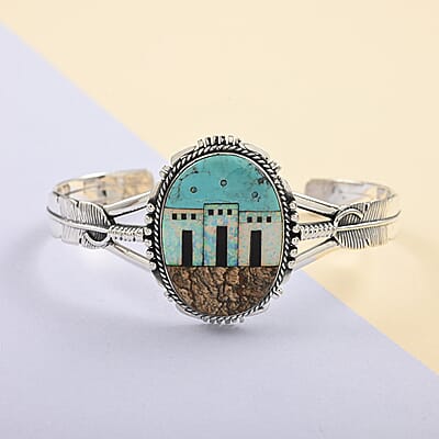 Santa Fe Style Kingman Turquoise and Multi Gemstone Pueblo Homes Open Cuff Bracelet in Sterling Silver (7.00 In) 18.00 ctw