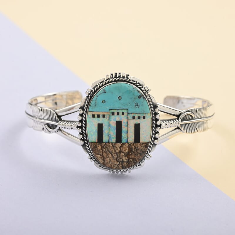 Santa Fe Style Kingman Turquoise and Multi Gemstone Pueblo Homes Open Cuff Bracelet in Sterling Silver (7.00 In) 18.00 ctw