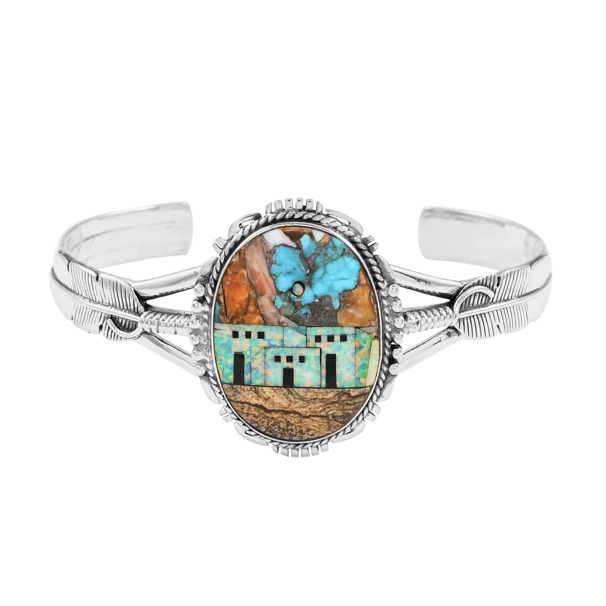 Santa Fe Style Spiny Turquoise and Multi Gemstone Cuff Pueblo Homes Open Cuff Bracelet in Sterling Silver (7.00 In) 12.00 ctw image number 0