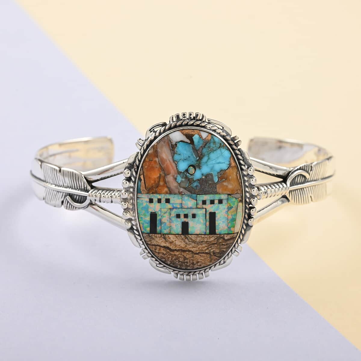 Santa Fe Style Spiny Turquoise and Multi Gemstone Cuff Pueblo Homes Open Cuff Bracelet in Sterling Silver (7.00 In) 12.00 ctw image number 1