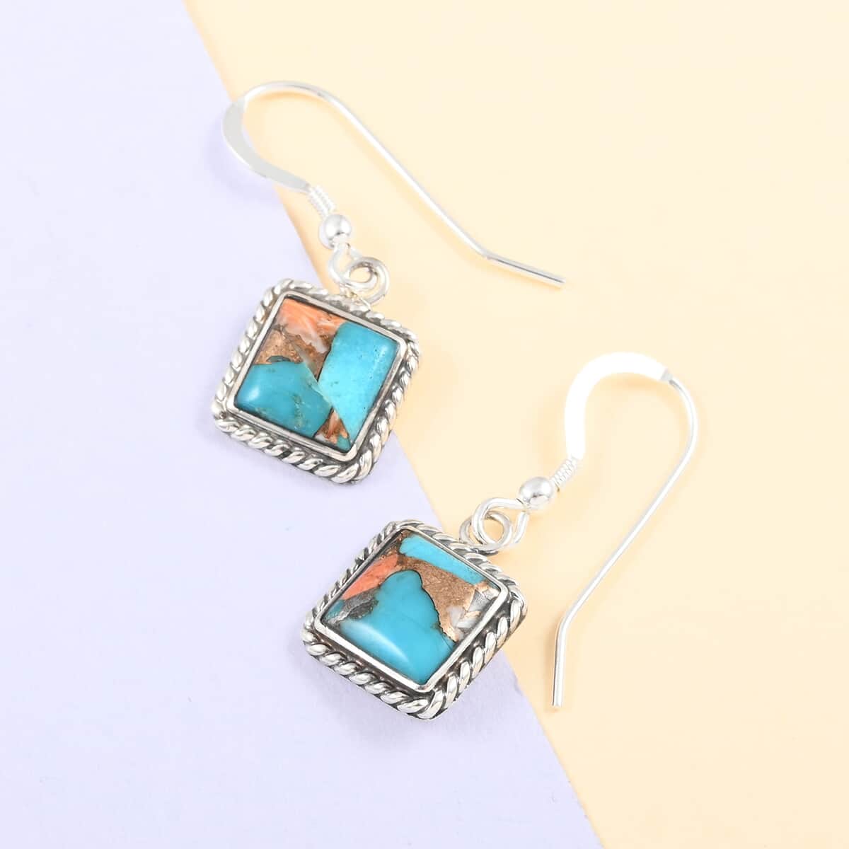 Santa Fe Style Spiny Turquoise Dangle Earrings in Sterling Silver 1.00 ctw image number 1