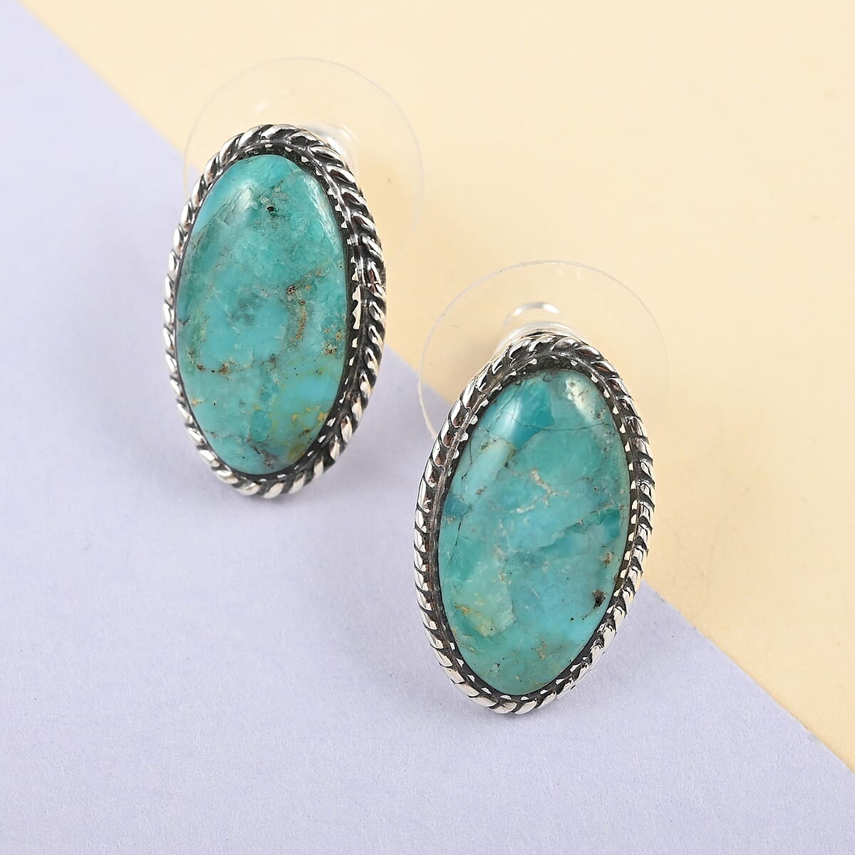 Santa Fe Style Kingman Turquoise Stud Earrings in Sterling Silver 5.25 ctw image number 1