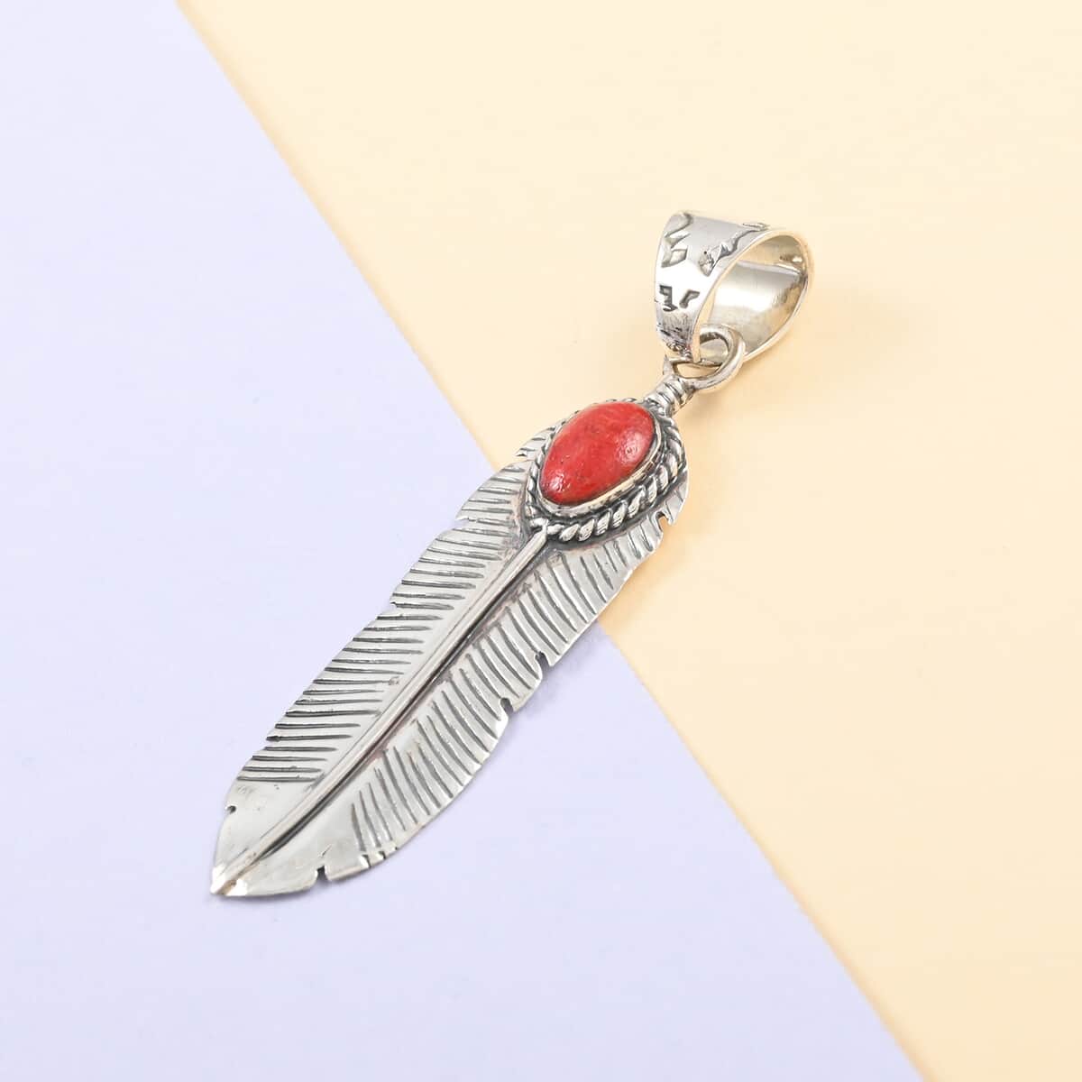 SANTA FE Style Kingman Turquoise Feather Pendant in Sterling Silver 1.00 ctw image number 1