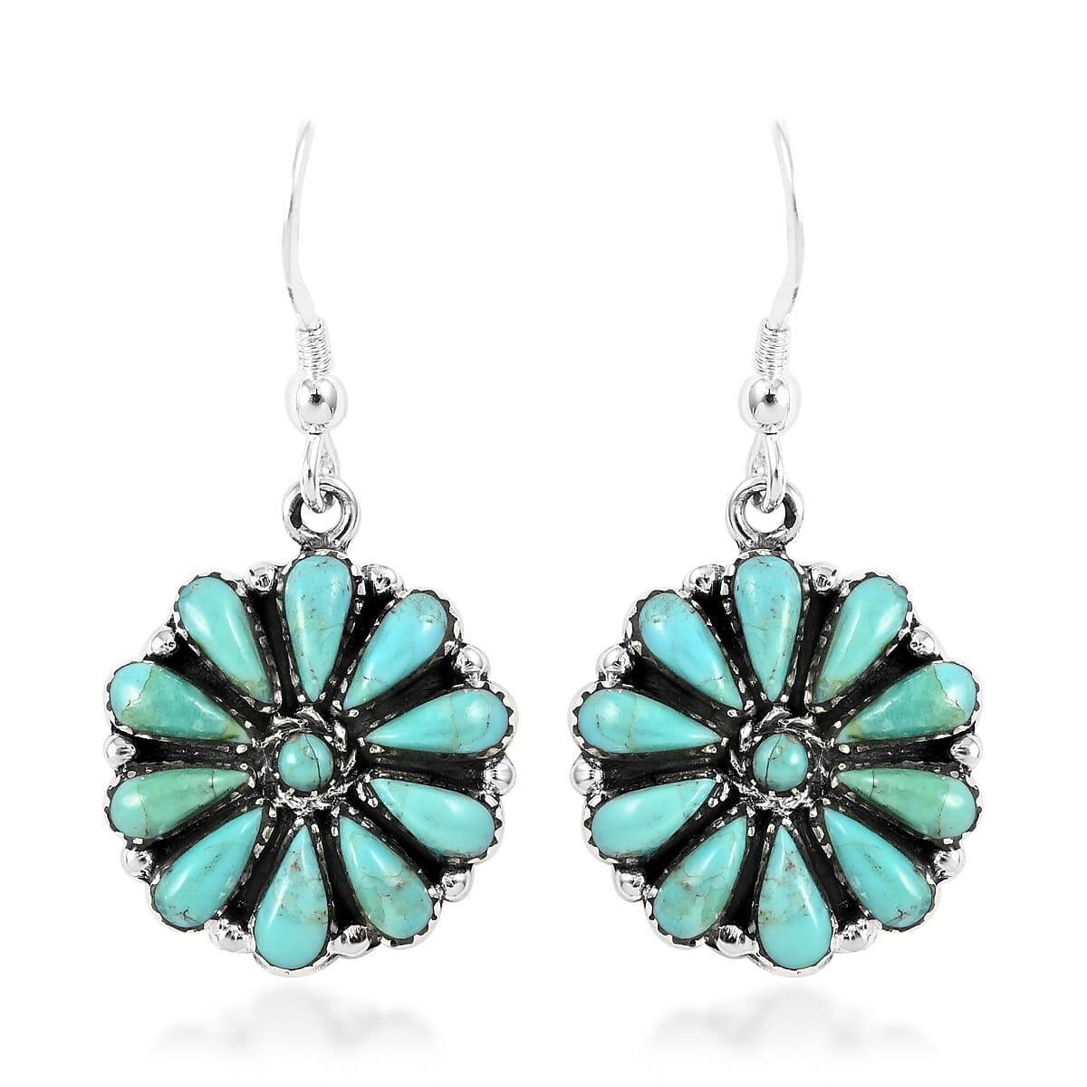 Santa Fe Style Kingman Turquoise Flower Dangle Earrings in Sterling Silver 5.50 ctw