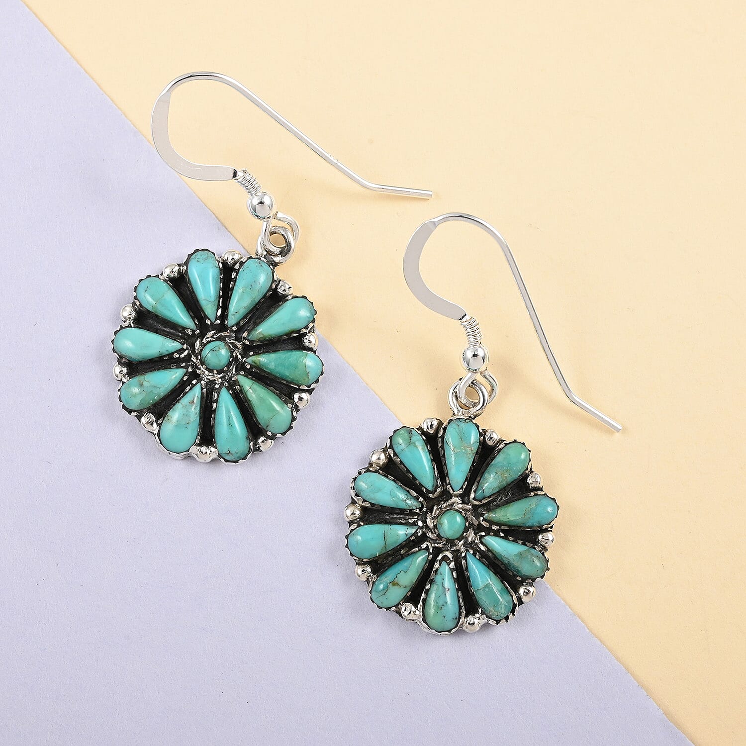 Santa Fe Style Kingman Turquoise Flower Dangle Earrings in Sterling Silver 5.50 ctw