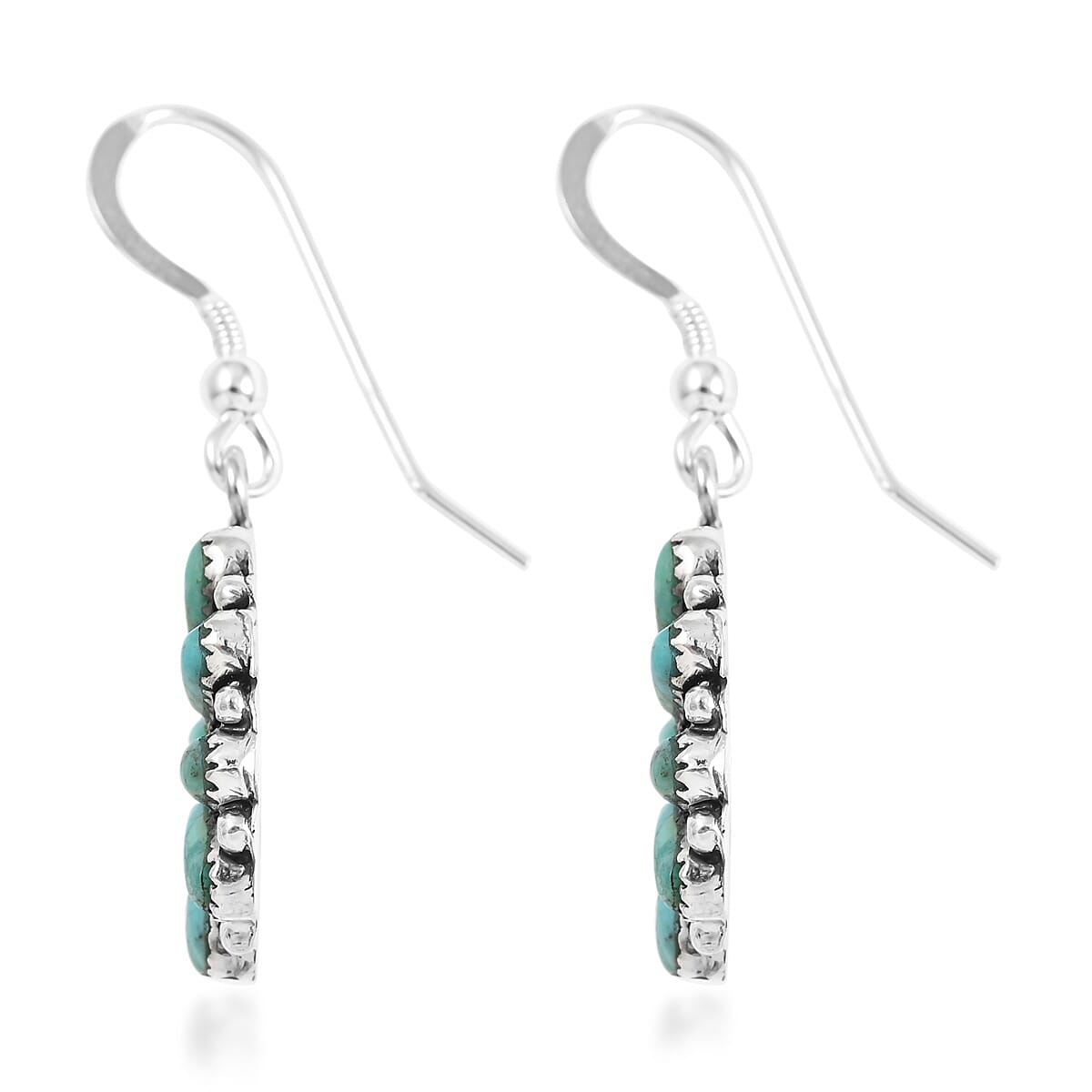 Santa Fe Style Kingman Turquoise Flower Dangle Earrings in Sterling Silver 5.50 ctw