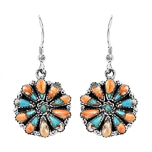 Santa Fe Style Spiny Turquoise Flower Dangle Earrings in Sterling Silver 2.75 ctw