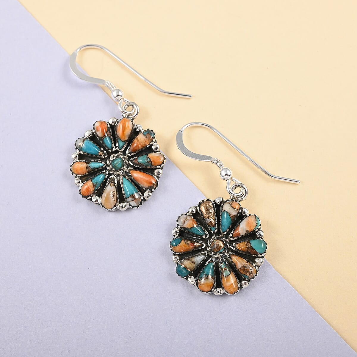 Santa Fe Style Spiny Turquoise Flower Dangle Earrings in Sterling Silver 2.75 ctw image number 1