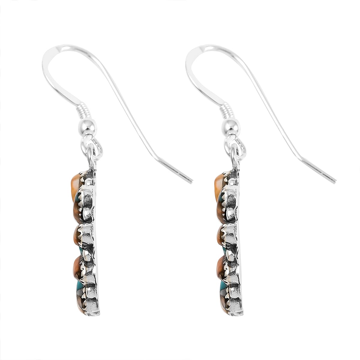 Santa Fe Style Spiny Turquoise Flower Dangle Earrings in Sterling Silver 2.75 ctw image number 3