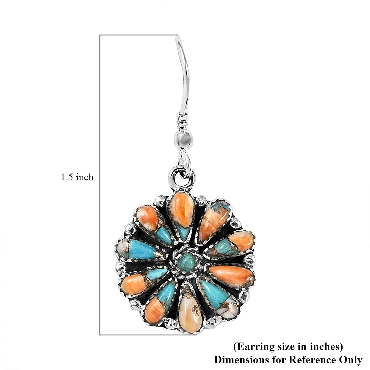 Santa Fe Style Spiny Turquoise Flower Dangle Earrings in Sterling Silver 2.75 ctw image number 4