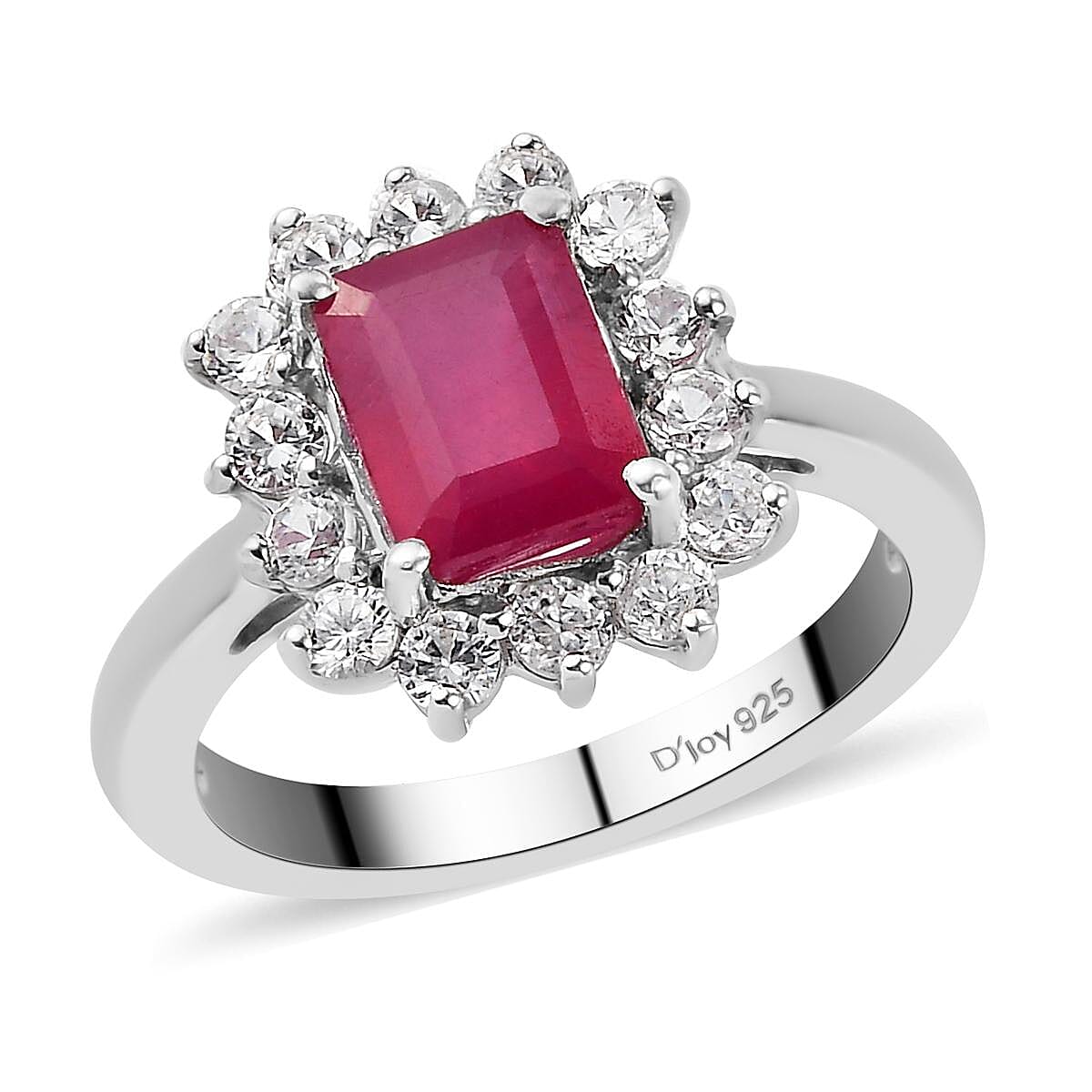 Niassa Ruby and Natural White Zircon Halo Ring in Platinum Over Sterling Silver (Size 7.0) 3.35 ctw