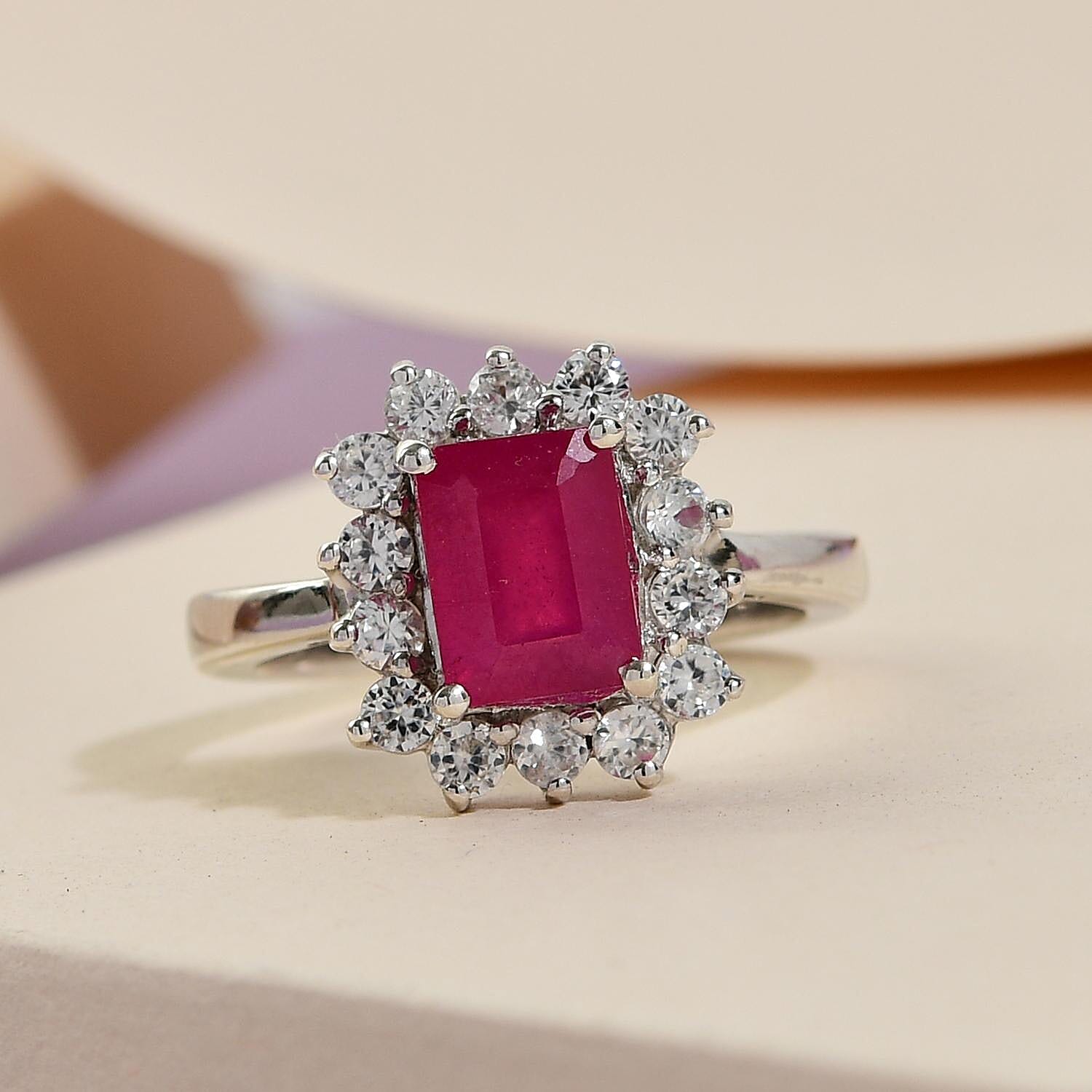 Niassa Ruby and Natural White Zircon Halo Ring in Platinum Over Sterling Silver (Size 7.0) 3.35 ctw