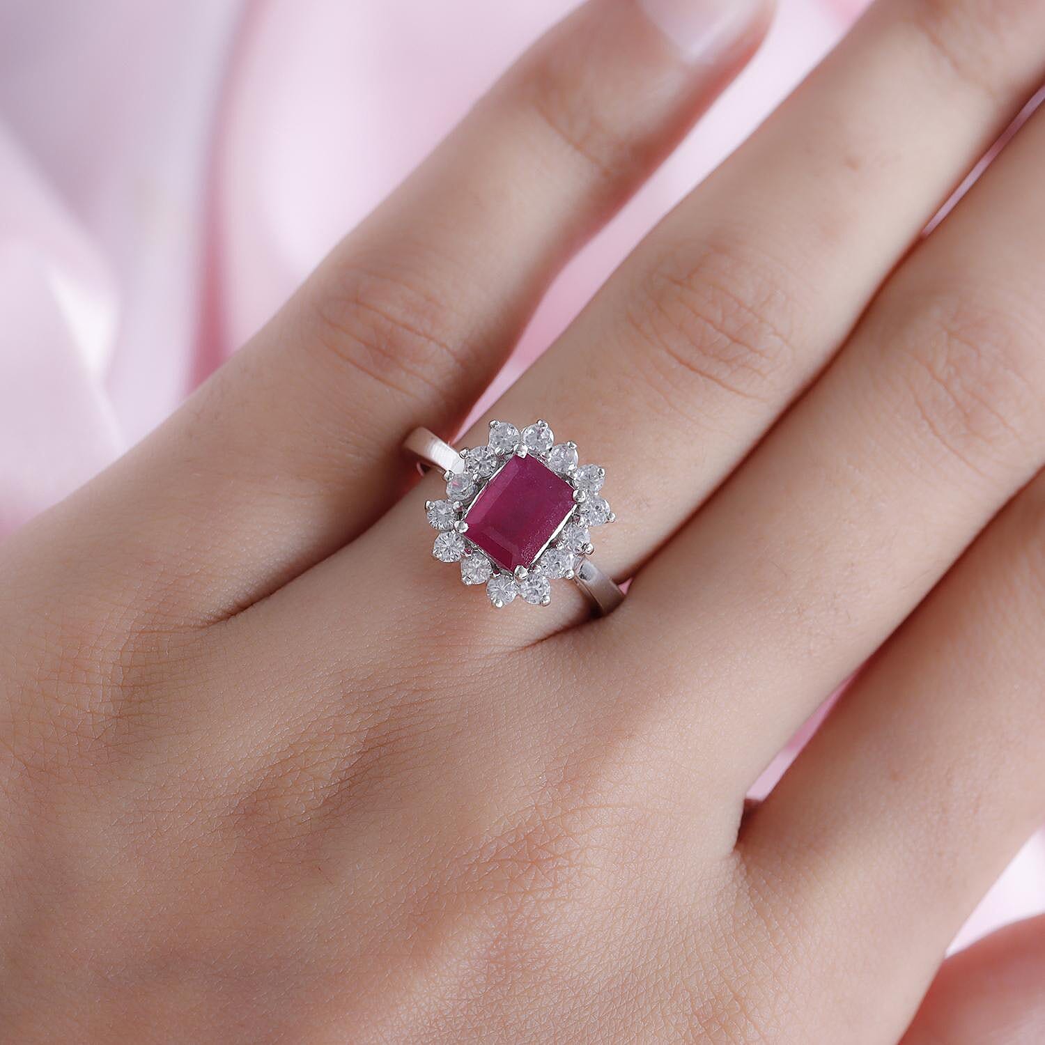 Niassa Ruby and Natural White Zircon Halo Ring in Platinum Over Sterling Silver (Size 7.0) 3.35 ctw