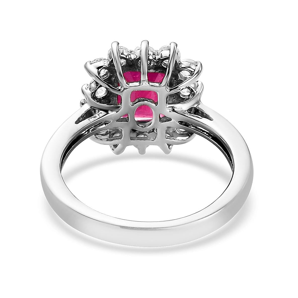 Niassa Ruby and Natural White Zircon Halo Ring in Platinum Over Sterling Silver (Size 7.0) 3.35 ctw