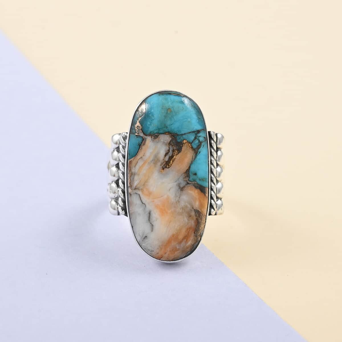 SANTA FE Style Spiny Turquoise Statement Ring in Sterling Silver (Size 7.0) 3.25 ctw image number 1