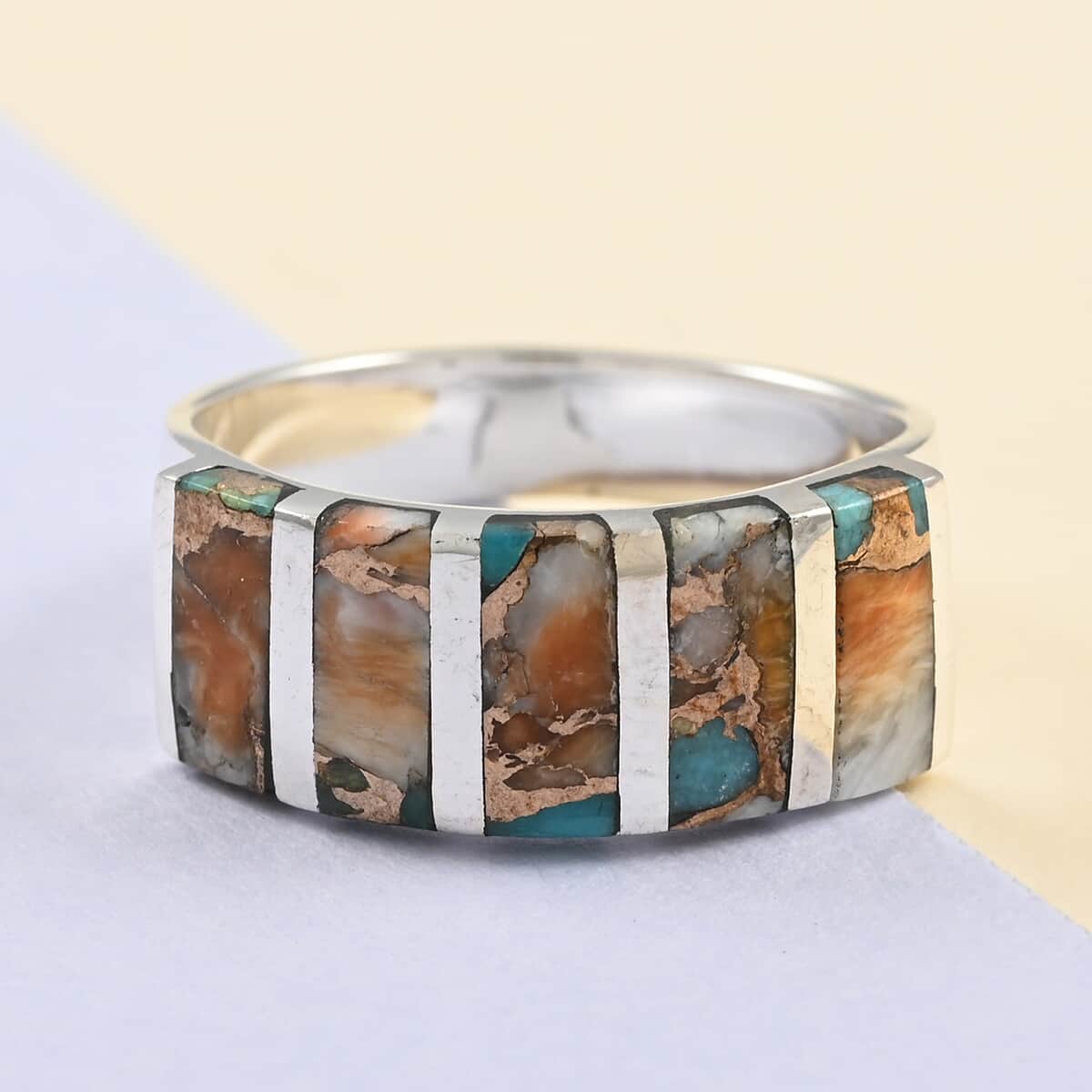 SANTA FE Style Spiny Turquoise 5 Stone Ring in Sterling Silver (Size 10.0) 0.45 ctw image number 1