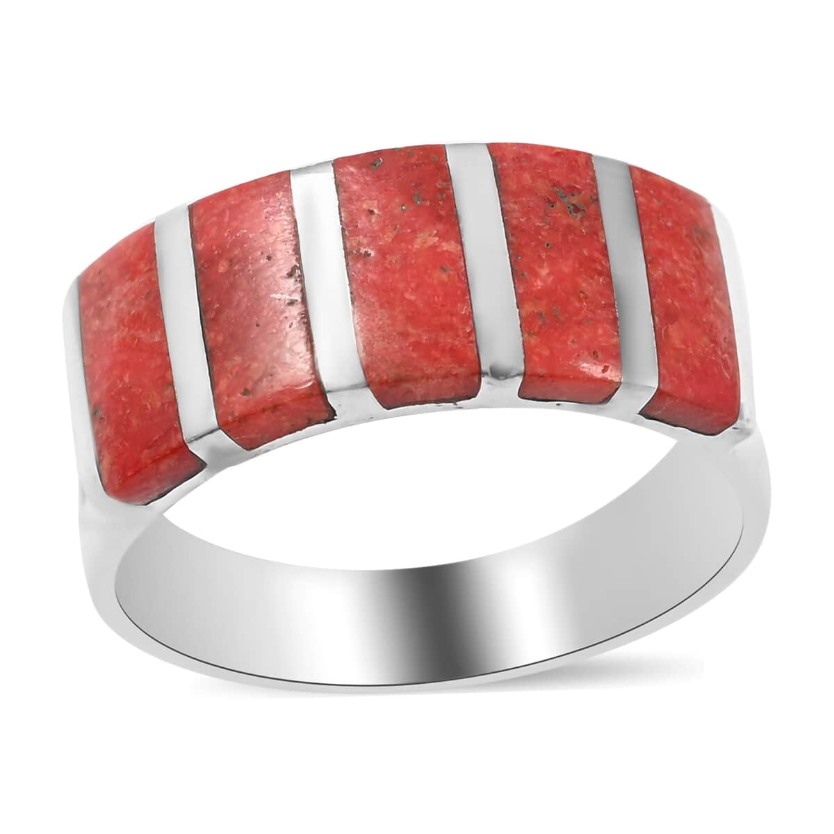 SANTA FE Style Coral 5 Stone Ring in Sterling Silver (Size 10.0) image number 0