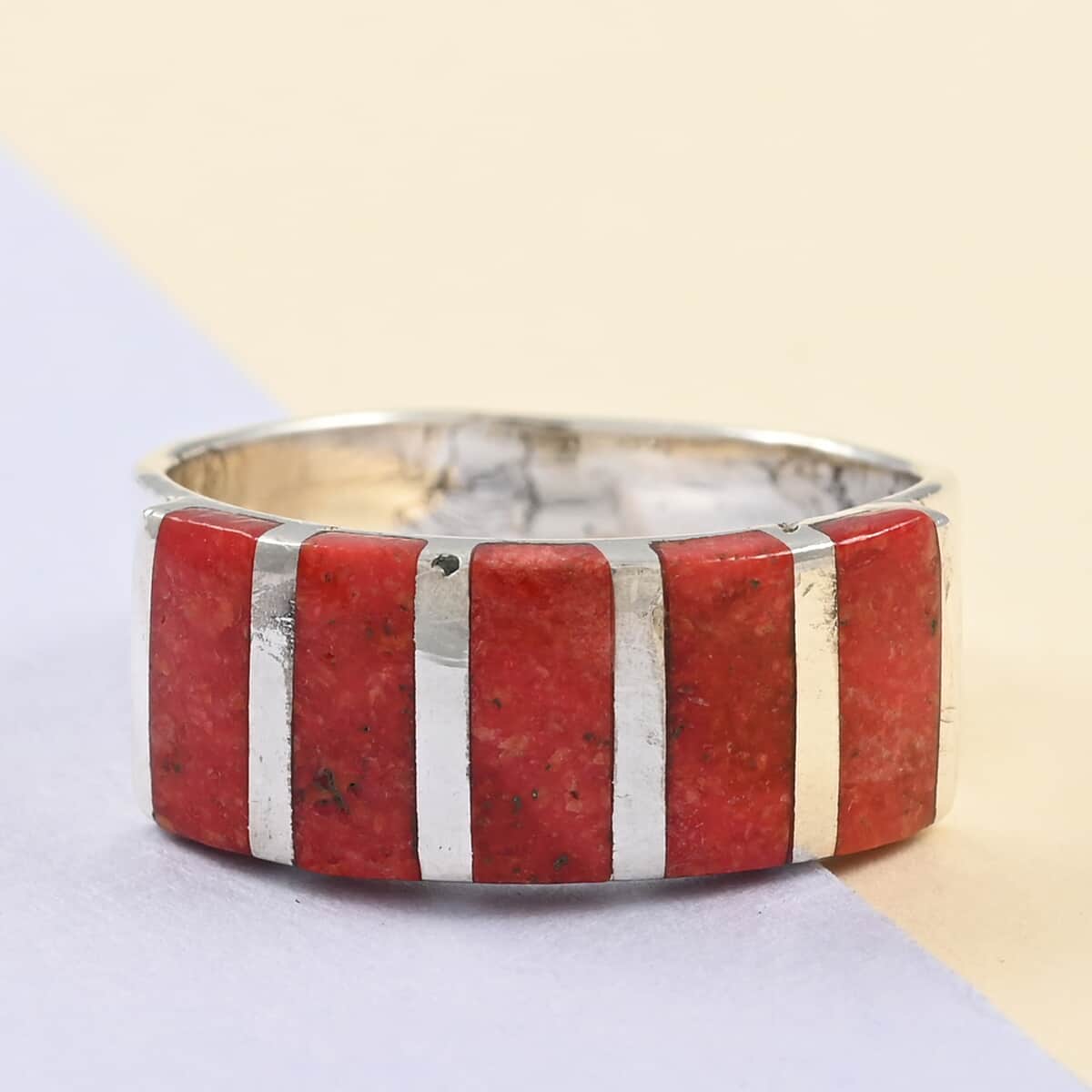 SANTA FE Style Coral 5 Stone Ring in Sterling Silver (Size 10.0) image number 1