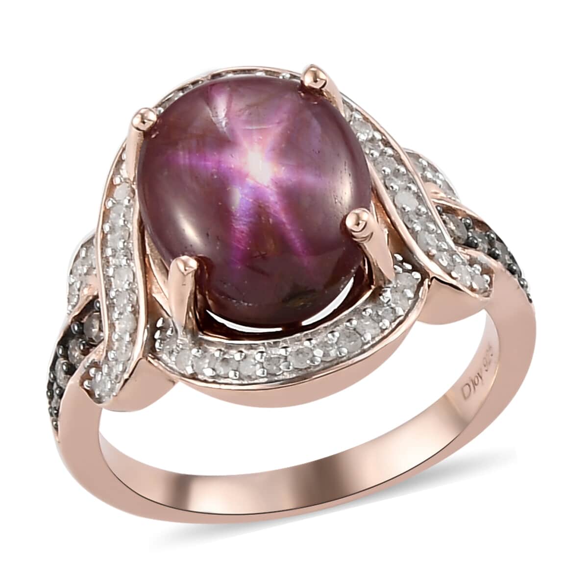 Indian Star Ruby, Natural Champagne and White Diamond Ring in Vermeil Rose Gold Over Sterling Silver (Size 6.0) 6.75 ctw image number 0